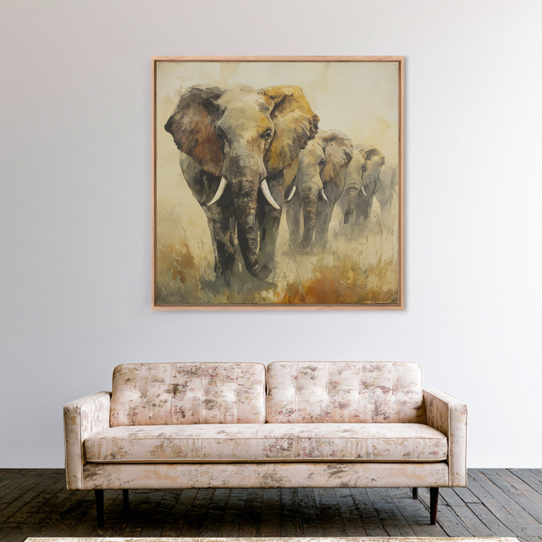 Elephant Herd Walking Through Dusty Sunset Canvas Print, Wildlife Art, Canvas Painting, Living Room Decor, Fine Art, Wild, WIL-1x1-26