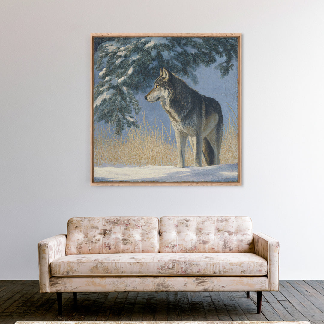 Wolf Standing Beneath Snowy Pine Trees Framed Canvas Print, Wildlife Art, Canvas Print, Living Room Decor, Fine Art, Wild, WIL-1x1-27