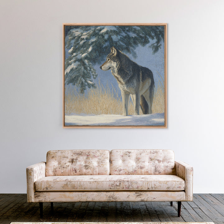 Wolf Standing Beneath Snowy Pine Trees Framed Canvas Print, Wildlife Art, Canvas Print, Living Room Decor, Fine Art, Wild, WIL-1x1-27