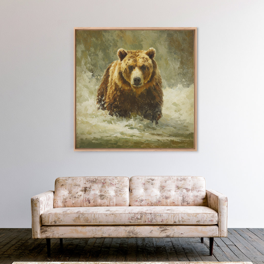 Bear Fishing in Rushing Mountain River Framed Canvas Print, Wildlife Art, Digital Wall Art, Living Room Decor, Fine Art, Wild, WIL-1x1-28