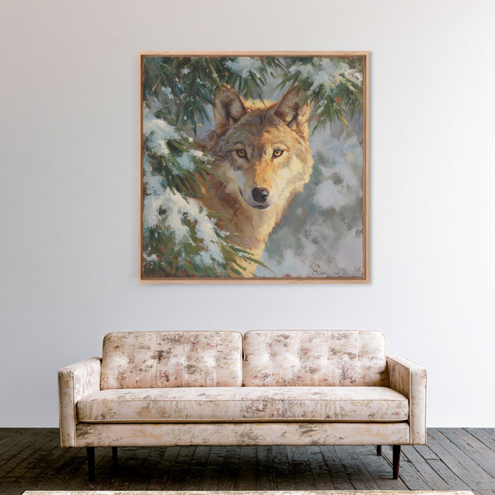 Wolf Standing Beneath Snowy Pine Trees Canvas Print, Wildlife Art, Canvas Wall Art, Living Room Decor, Abstract Art, Wild, WIL-1x1-3