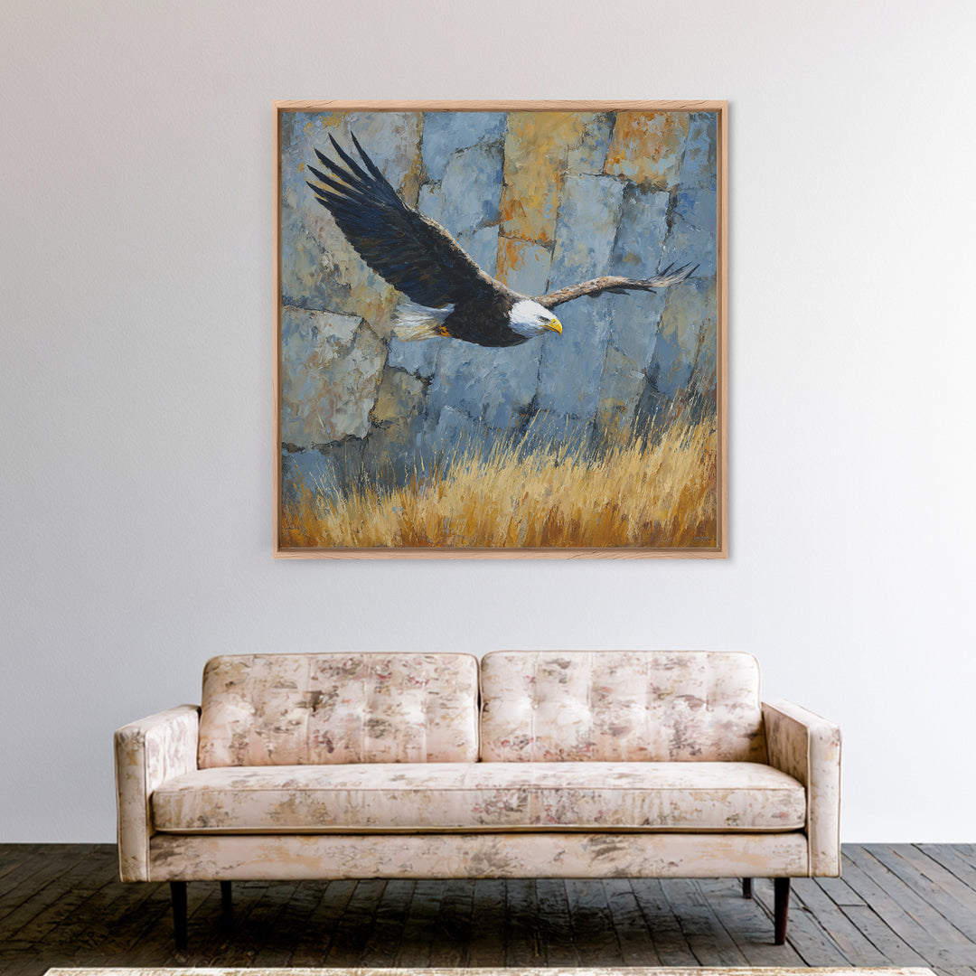 Eagle Soaring Above Rocky Cliffs Canvas Print, Wildlife Art, Bird Wall Art, Living Room Decor, Oil Painting, Wild, Luxury Decor, WIL-1x1-30