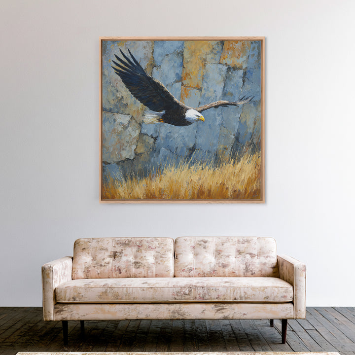 Eagle Soaring Above Rocky Cliffs Canvas Print, Wildlife Art, Bird Wall Art, Living Room Decor, Oil Painting, Wild, Luxury Decor, WIL-1x1-30