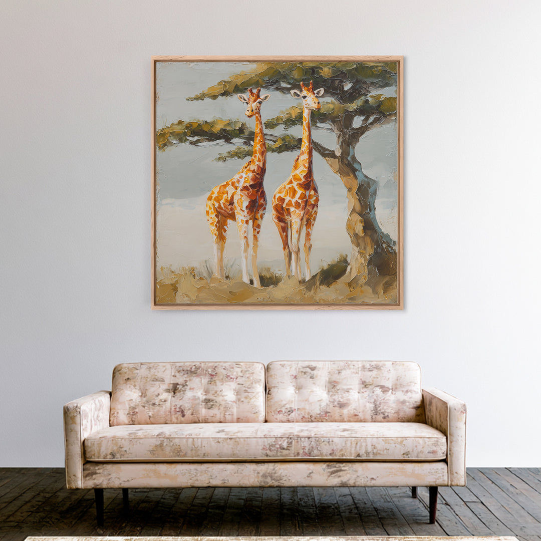Giraffe Pair under Acacia Tree Canvas Print, Wildlife Art, Living Room Wall Art, Living Room Decor, Wild, Unique Home Decor, WIL-1x1-31