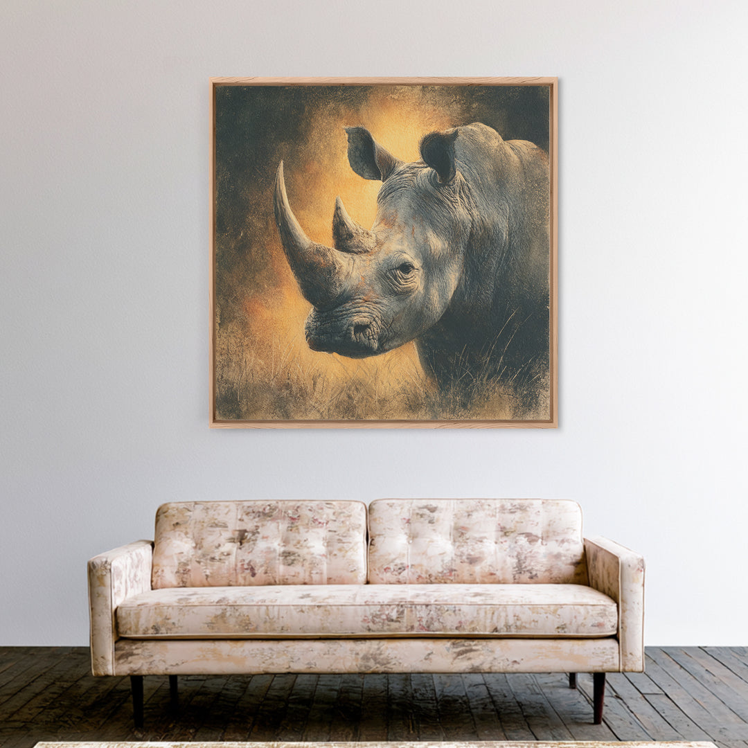 Rhino in Dramatic Stormy Light Framed Canvas Print, Wildlife Art, Gallery Decor, Living Room Decor, Fine Art, Wild, WIL-1x1-32