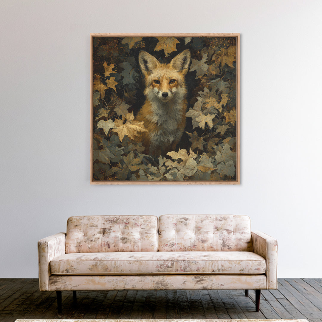 Fox in Autumn Forest Leaves Framed Canvas Print, Wildlife Art, Statement Artwork, Living Room Decor, Fine Art, Wild, Wall Decor, WIL-1x1-33