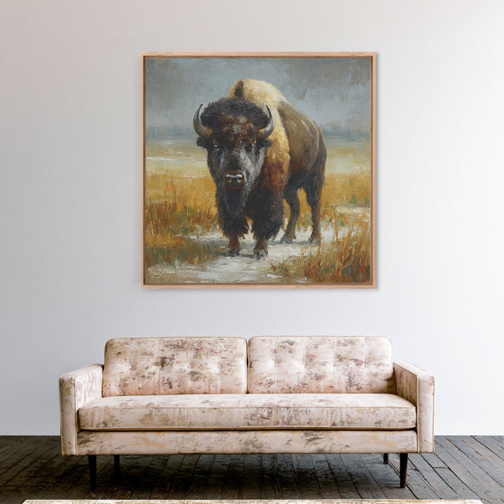 Bison on Wide Western Prairie Framed Canvas Print, Wildlife Art, Original Artwork, Living Room Decor, Oil Painting, Wild, WIL-1x1-37
