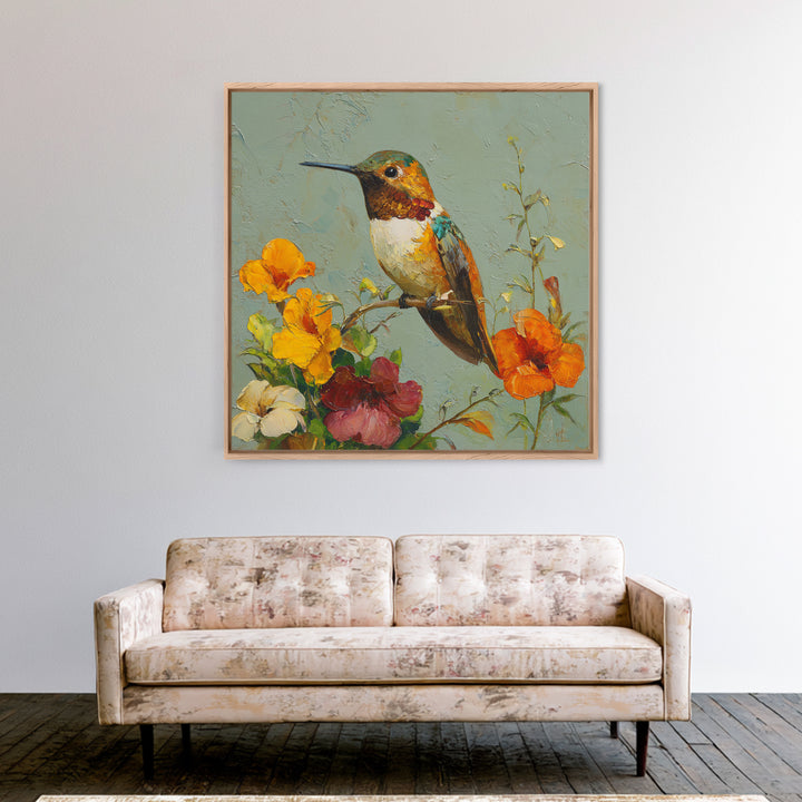 Hummingbird Beside Bright Flowers Framed Canvas Print, Wildlife Art, Art Print, Living Room Decor, Watercolor Art, Wild, WIL-1x1-40