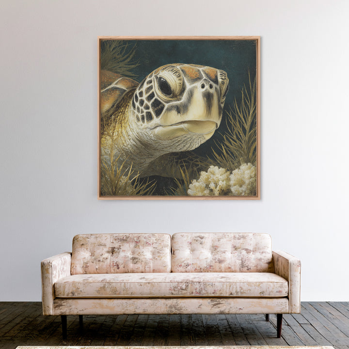 Sea Turtle over Coral Reef Framed Canvas Print, Wildlife Art, Digital Download Art, Living Room Decor, Abstract Art, Wild, WIL-1x1-42