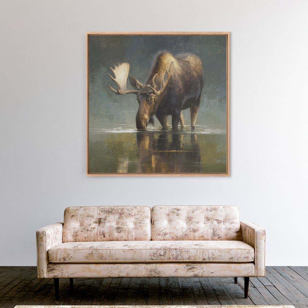 Moose Standing in Reflective Lake Framed Canvas Print, Wildlife Art, Modern Art, Living Room Decor, Wild, Neutral Decor, WIL-1x1-43