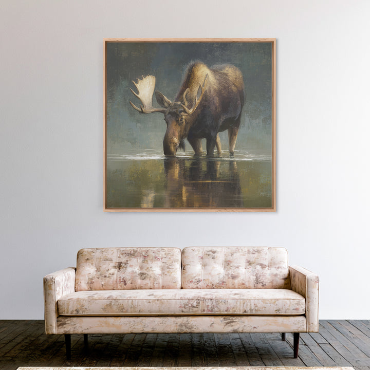 Moose Standing in Reflective Lake Framed Canvas Print, Wildlife Art, Modern Art, Living Room Decor, Wild, Neutral Decor, WIL-1x1-43