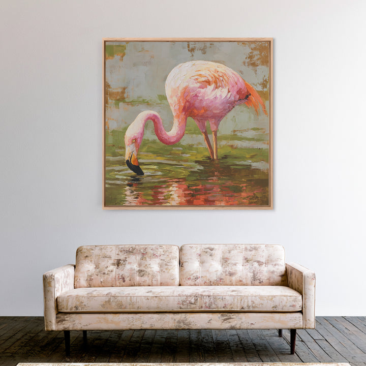 Flamingos in Pink Shallow Water Framed Canvas Print, Wildlife Art, Living Room Art, Living Room Decor, Fine Art, Wild, WIL-1x1-46