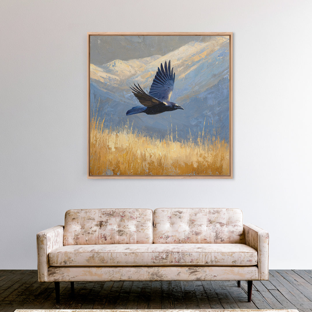 Raven Flying Through Snowy Mountains Framed Canvas Print, Wildlife Art, Art, Living Room Decor, Oil Painting, Wild, WIL-1x1-48