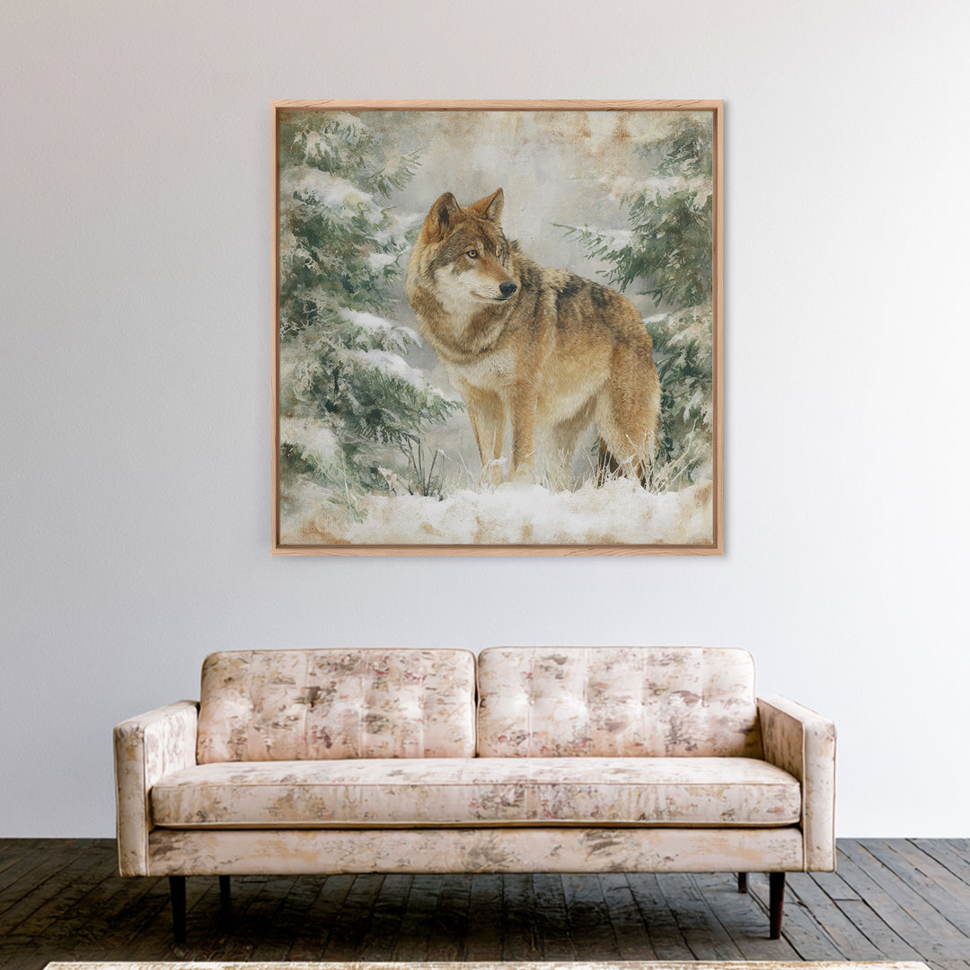 Wolf Standing Beneath Snowy Pine Trees Framed Canvas Print, Wildlife Art, Rustic Home Decor, Living Room Decor, Oil Painting, WIL-1x1-51
