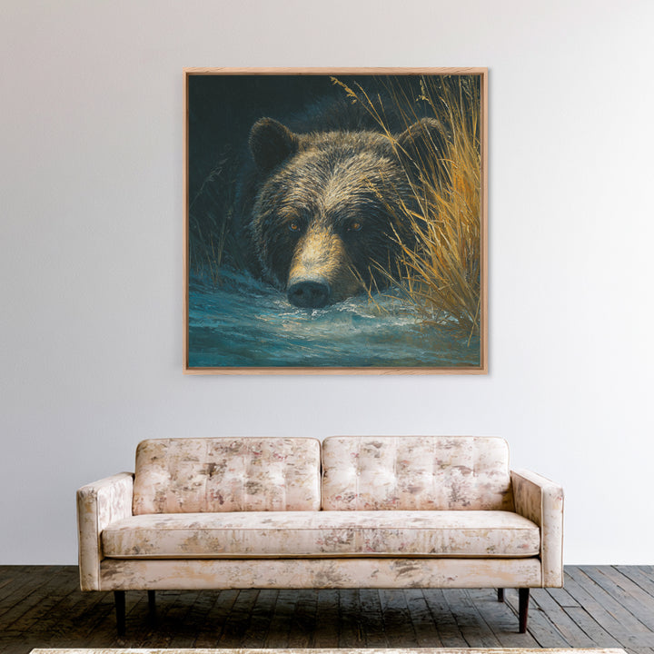 Bear Fishing in Rushing Mountain River Framed Canvas Print, Wildlife Art, Bedroom Wall Art, Living Room Decor, Fine Art, Wild, WIL-1x1-52
