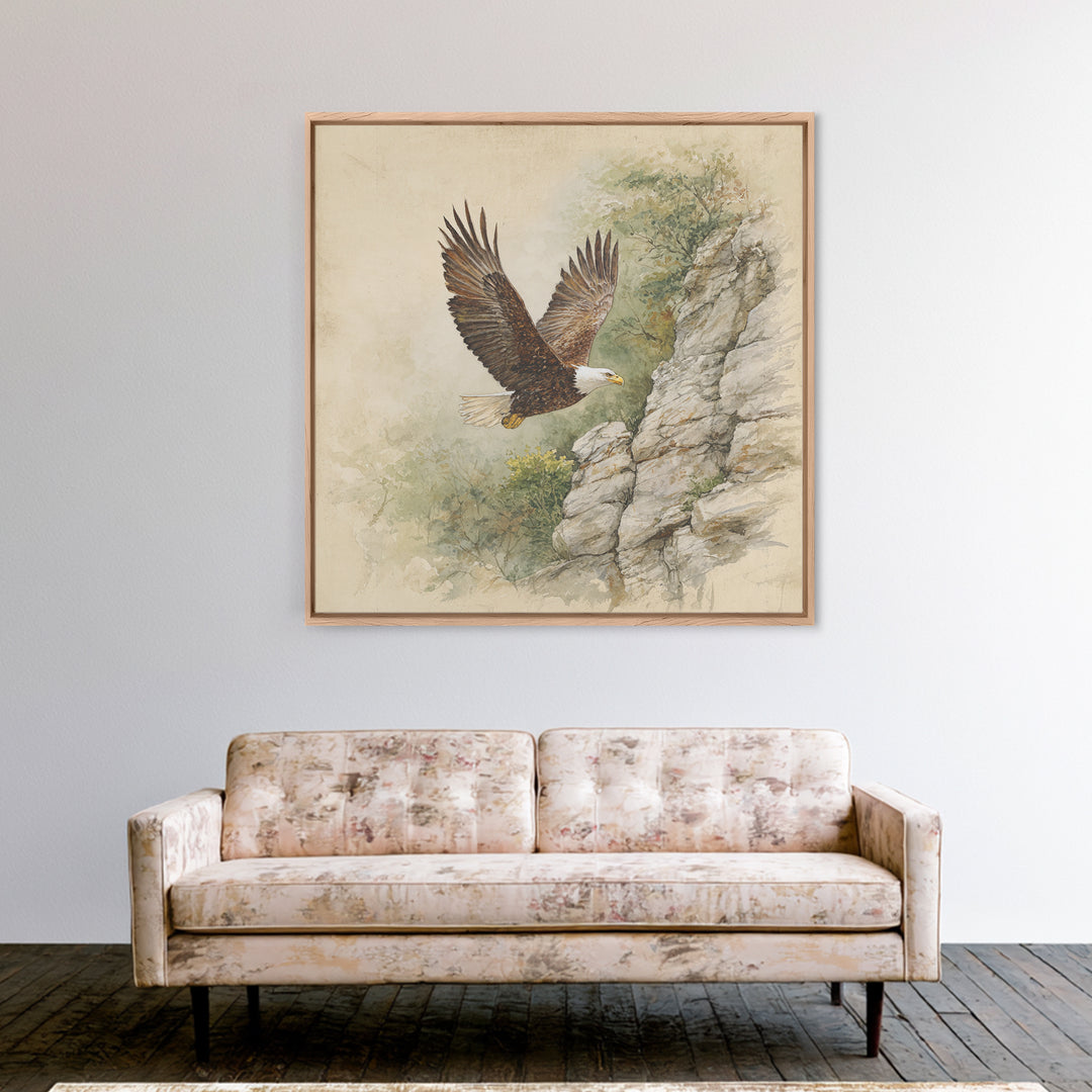 Eagle Soaring Above Rocky Cliffs Canvas Print, Wildlife Art, Bird Wall Art, Living Room Decor, Oil Painting, Wild, Luxury Decor, WIL-1x1-54