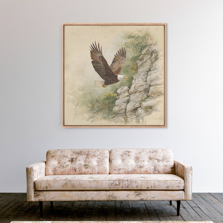 Eagle Soaring Above Rocky Cliffs Canvas Print, Wildlife Art, Bird Wall Art, Living Room Decor, Oil Painting, Wild, Luxury Decor, WIL-1x1-54