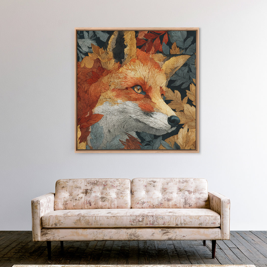 Fox in Autumn Forest Leaves Framed Canvas Print, Wildlife Art, Statement Artwork, Living Room Decor, Fine Art, Wild, Wall Decor, WIL-1x1-57