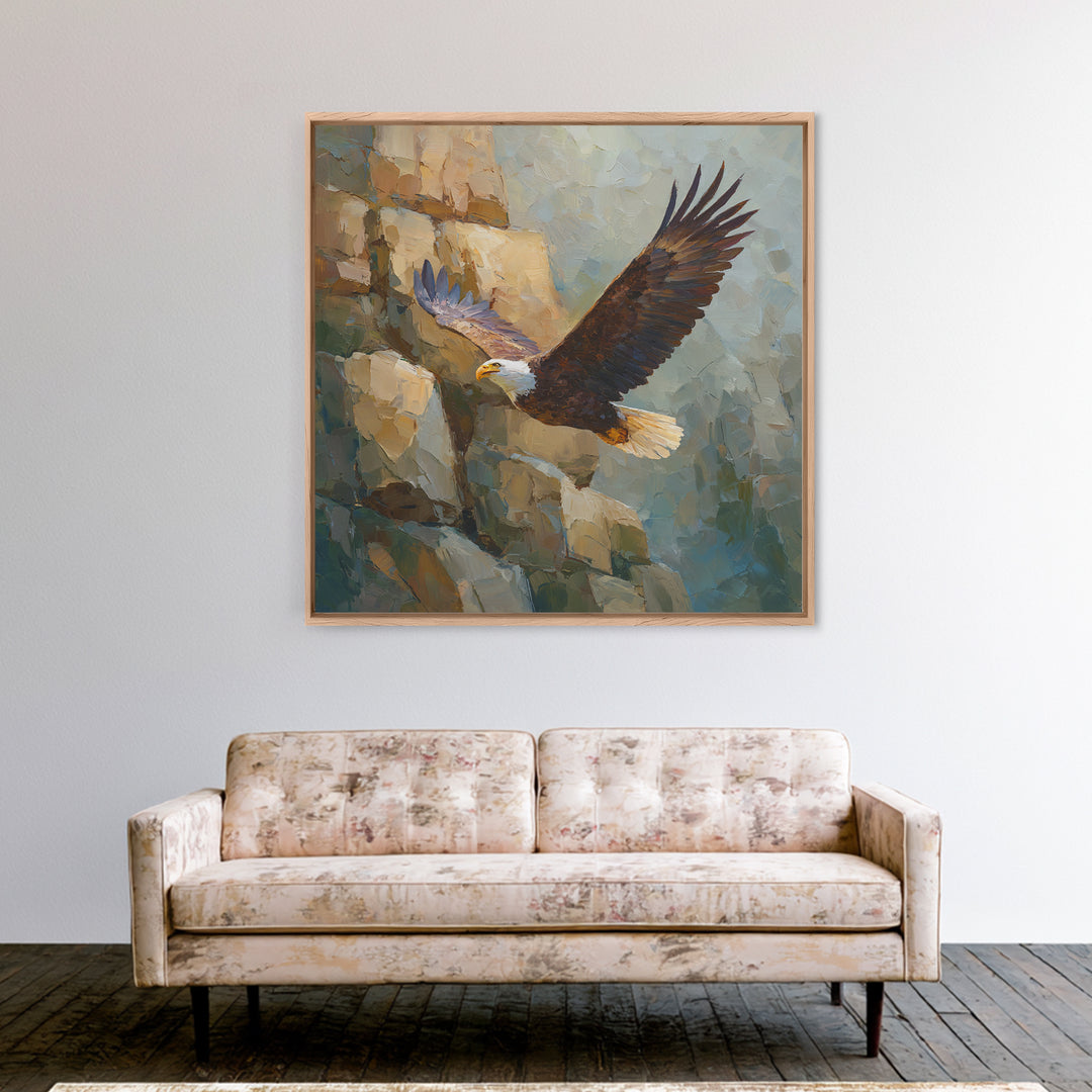 Eagle Soaring Above Rocky Cliffs Framed Canvas Print, Wildlife Art, Modern Art, Living Room Decor, Watercolor Art, Wild, WIL-1x1-6