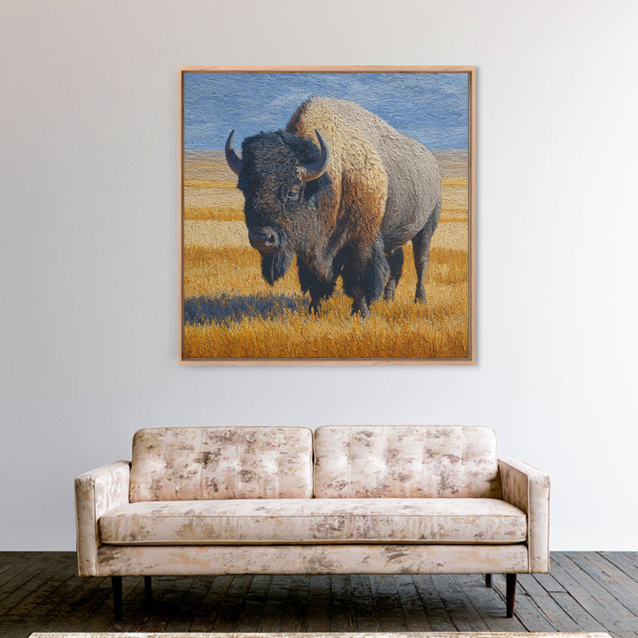 Bison on Wide Western Prairie Framed Canvas Print, Wildlife Art, Original Artwork, Living Room Decor, Oil Painting, Wild, WIL-1x1-61