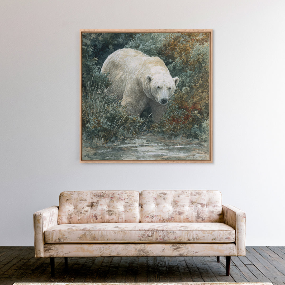 Polar Bear Crossing Blue Ice Framed Canvas Print, Wildlife Art, Original Artwork, Living Room Decor, Wild, Minimalist Decor, WIL-1x1-63