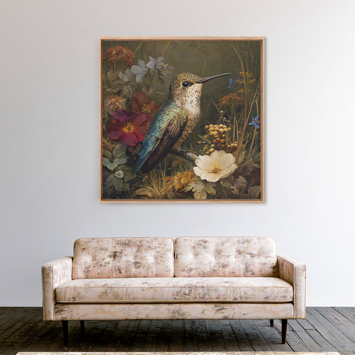 Hummingbird Beside Bright Flowers Framed Canvas Print, Wildlife Art, Bird Art, Living Room Decor, Watercolor Art, Wild, WIL-1x1-64