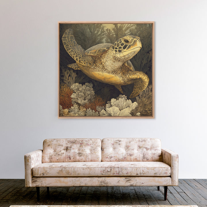 Sea Turtle over Coral Reef Framed Canvas Print, Wildlife Art, Digital Download Art, Living Room Decor, Abstract Art, Wild, WIL-1x1-66