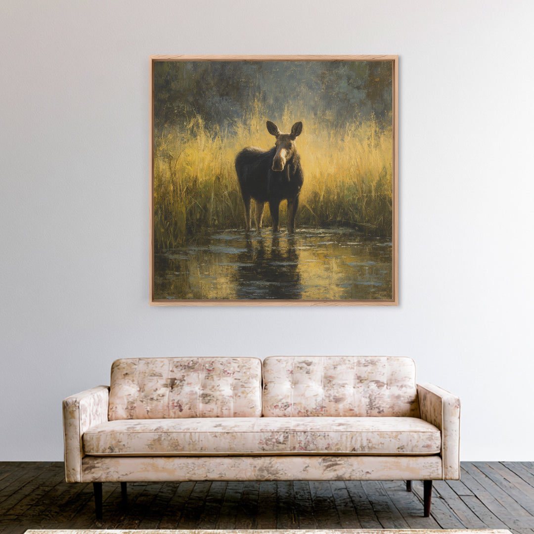 Moose Standing in Reflective Lake Framed Canvas Print, Wildlife Art, Gallery Decor, Living Room Decor, Fine Art, Wild, WIL-1x1-67
