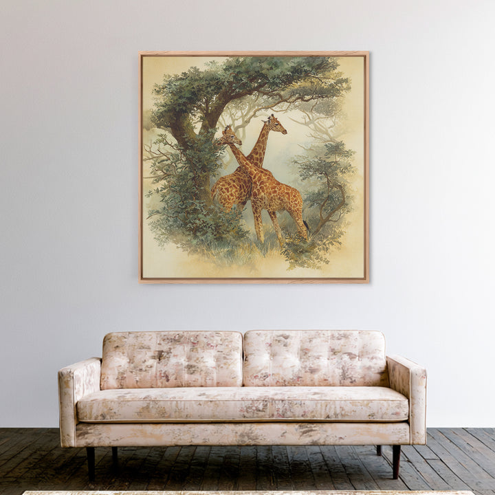 Giraffe Pair under Acacia Tree Framed Canvas Print, Wildlife Art, Living Room Decor, Fine Art, Wild, Living Room Art, WIL-1x1-7