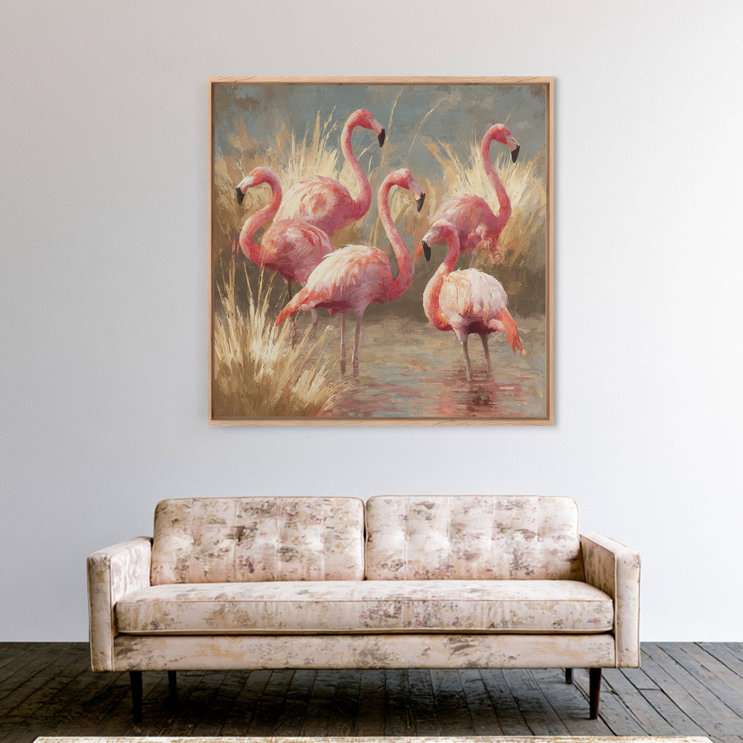 Flamingos in Pink Shallow Water Framed Canvas Print, Wildlife Art, Living Room Art, Living Room Decor, Fine Art, Wild, WIL-1x1-70