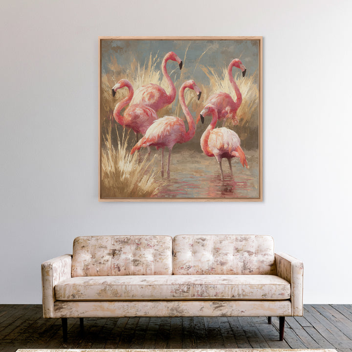Flamingos in Pink Shallow Water Framed Canvas Print, Wildlife Art, Living Room Art, Living Room Decor, Fine Art, Wild, WIL-1x1-70