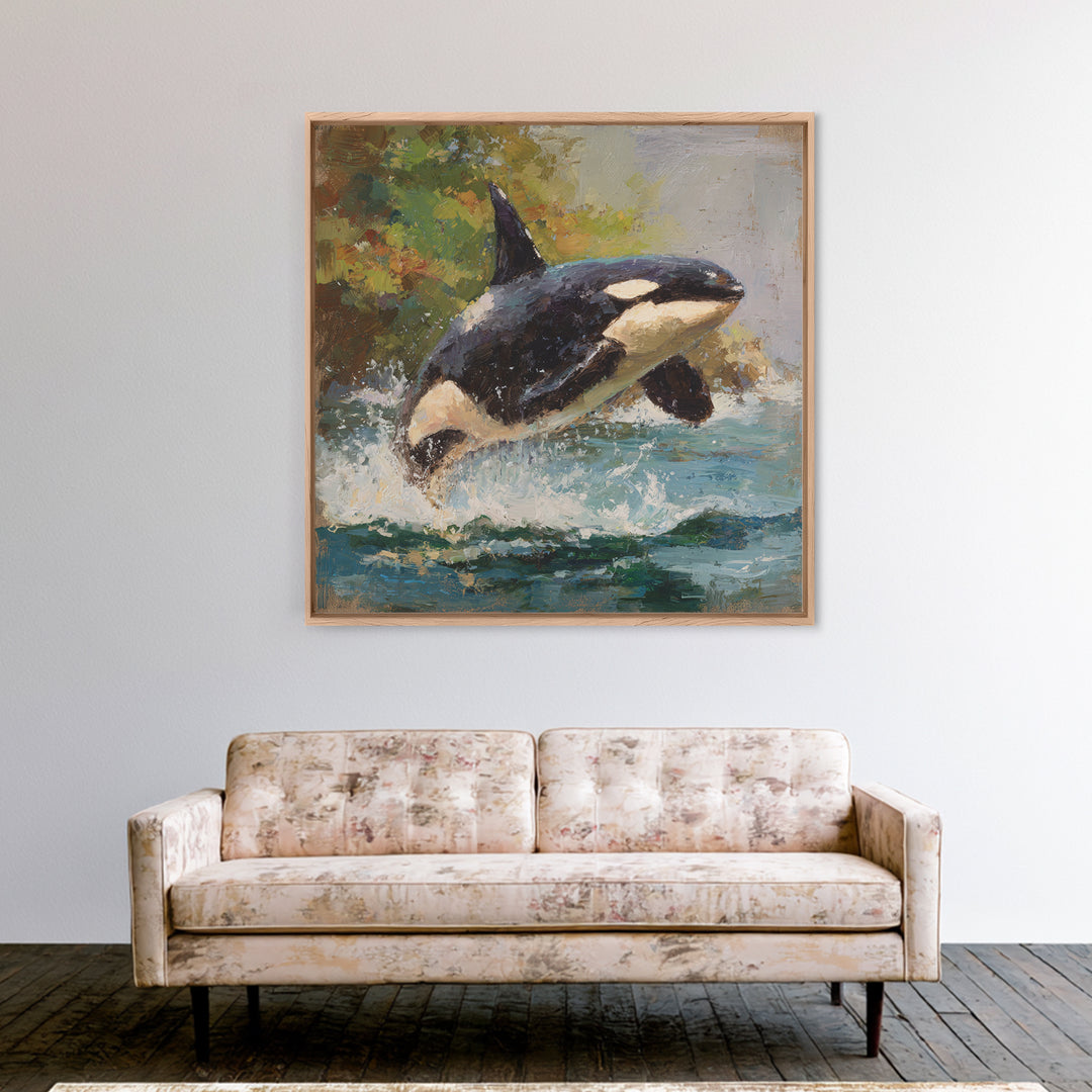 Orca Breaching in Cold Ocean Framed Canvas Print, Wildlife Art, Nature Wall Art, Living Room Decor, Fine Art, Wild, Art Print, WIL-1x1-71