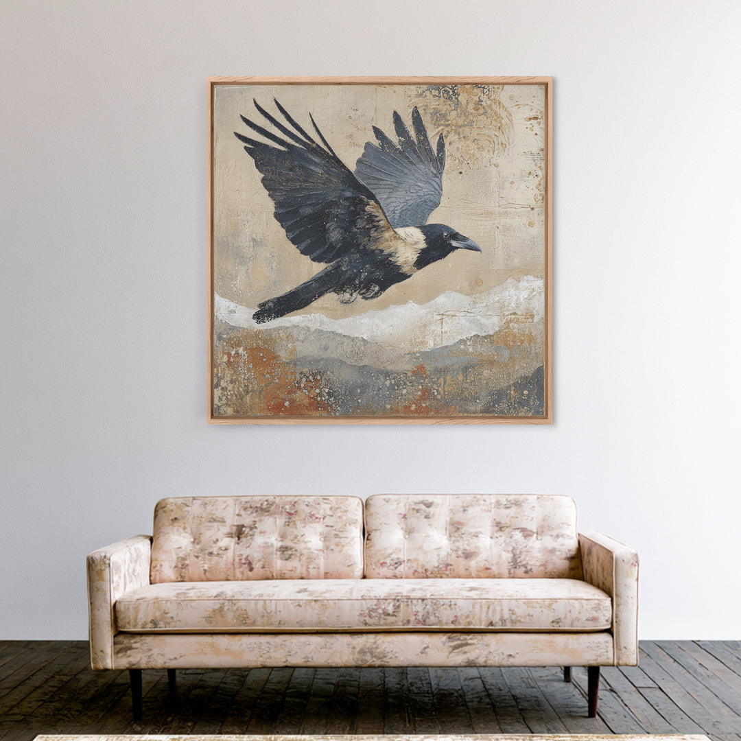 Raven Flying Through Snowy Mountains Framed Canvas Print, Wildlife Art, Bird Wall Art, Living Room Decor, Fine Art, Wild, WIL-1x1-72