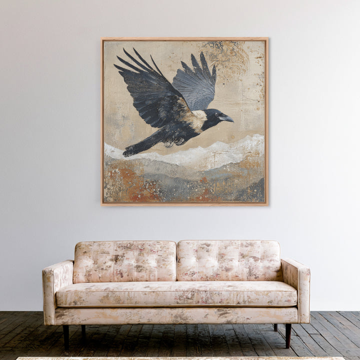Raven Flying Through Snowy Mountains Framed Canvas Print, Wildlife Art, Bird Wall Art, Living Room Decor, Fine Art, Wild, WIL-1x1-72