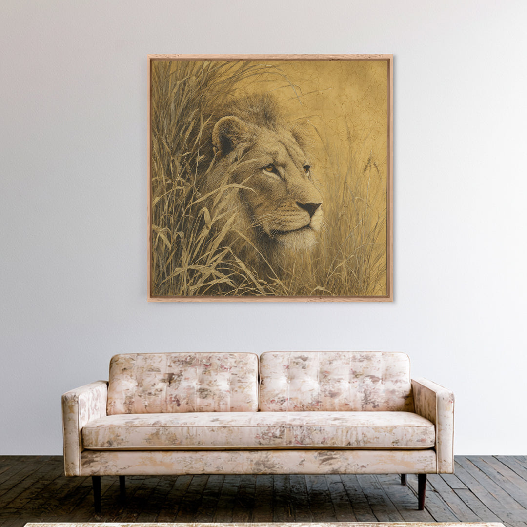 Lion Emerging from Golden Savanna Grass Framed Canvas Print, Wildlife Art, Art Print, Living Room Decor, Watercolor Art, Wild, WIL-1x1-73