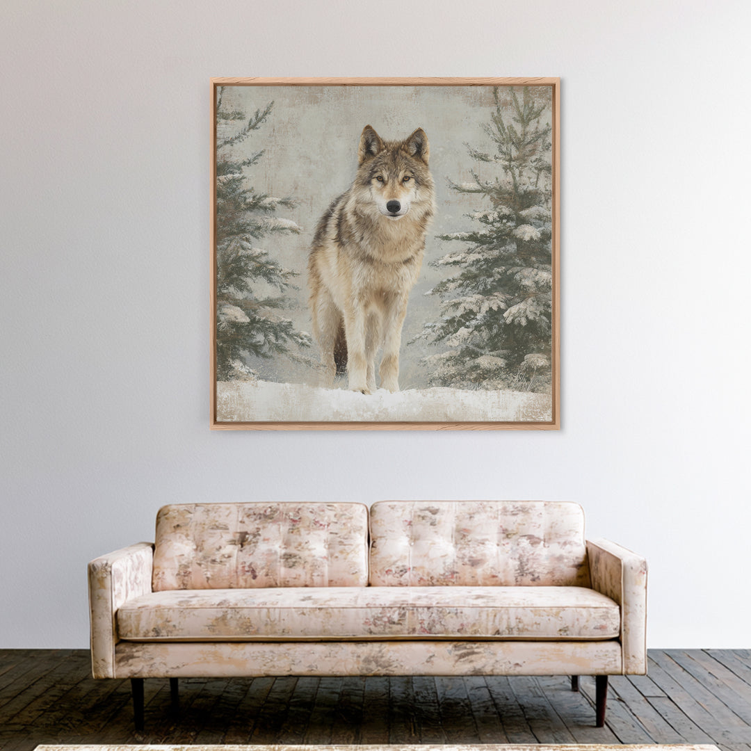 Wolf Standing Beneath Snowy Pine Trees Canvas Print, Wildlife Art, Modern Decor, Living Room Decor, Fine Art, Wild, Home Decor, WIL-1x1-75