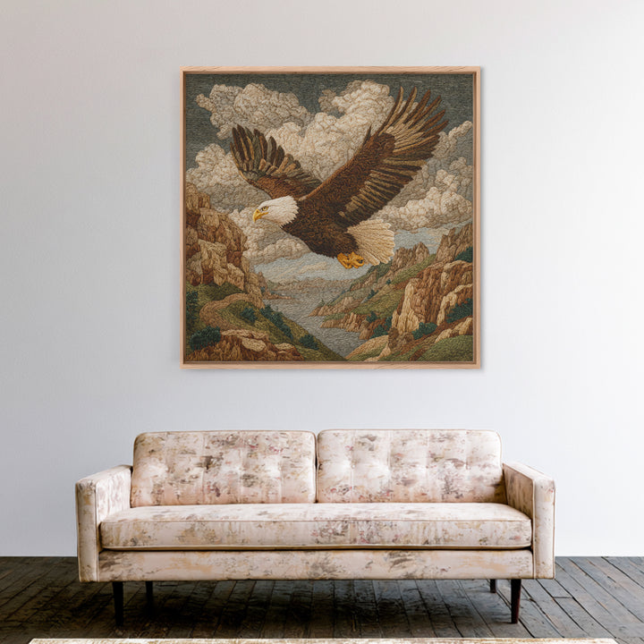 Eagle Soaring Above Rocky Cliffs Framed Canvas Print, Wildlife Art, Gallery Decor, Living Room Decor, Fine Art, Wild, WIL-1x1-78