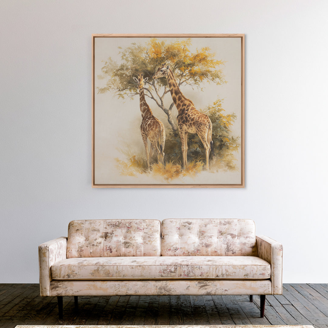 Giraffe Pair under Acacia Tree Framed Canvas Print, Wildlife Art, Fine Art Print, Living Room Decor, Oil Painting, Wild, WIL-1x1-79