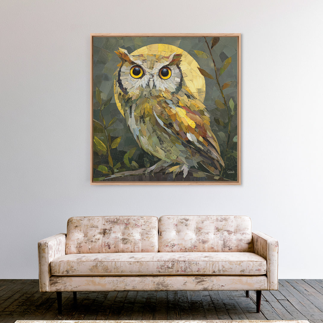 Owl Perched in Moonlit Woodland Framed Canvas Print, Wildlife Art, Nature Wall Art, Living Room Decor, Abstract Art, Wild, WIL-1x1-84