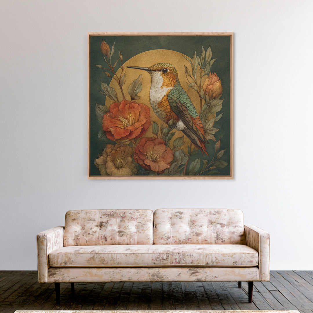 Hummingbird Beside Bright Flowers Framed Canvas Print, Wildlife Art, Textured Painting, Living Room Decor, Oil Painting, Wild, WIL-1x1-88