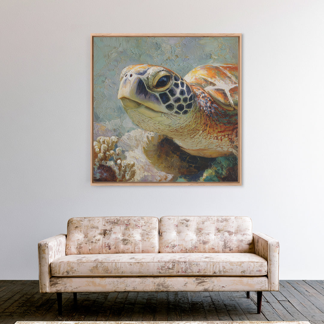 Sea Turtle over Coral Reef Canvas Print, Wildlife Art, Forest Wall Art, Living Room Decor, Fine Art, Wild, Textured Painting, WIL-1x1-90