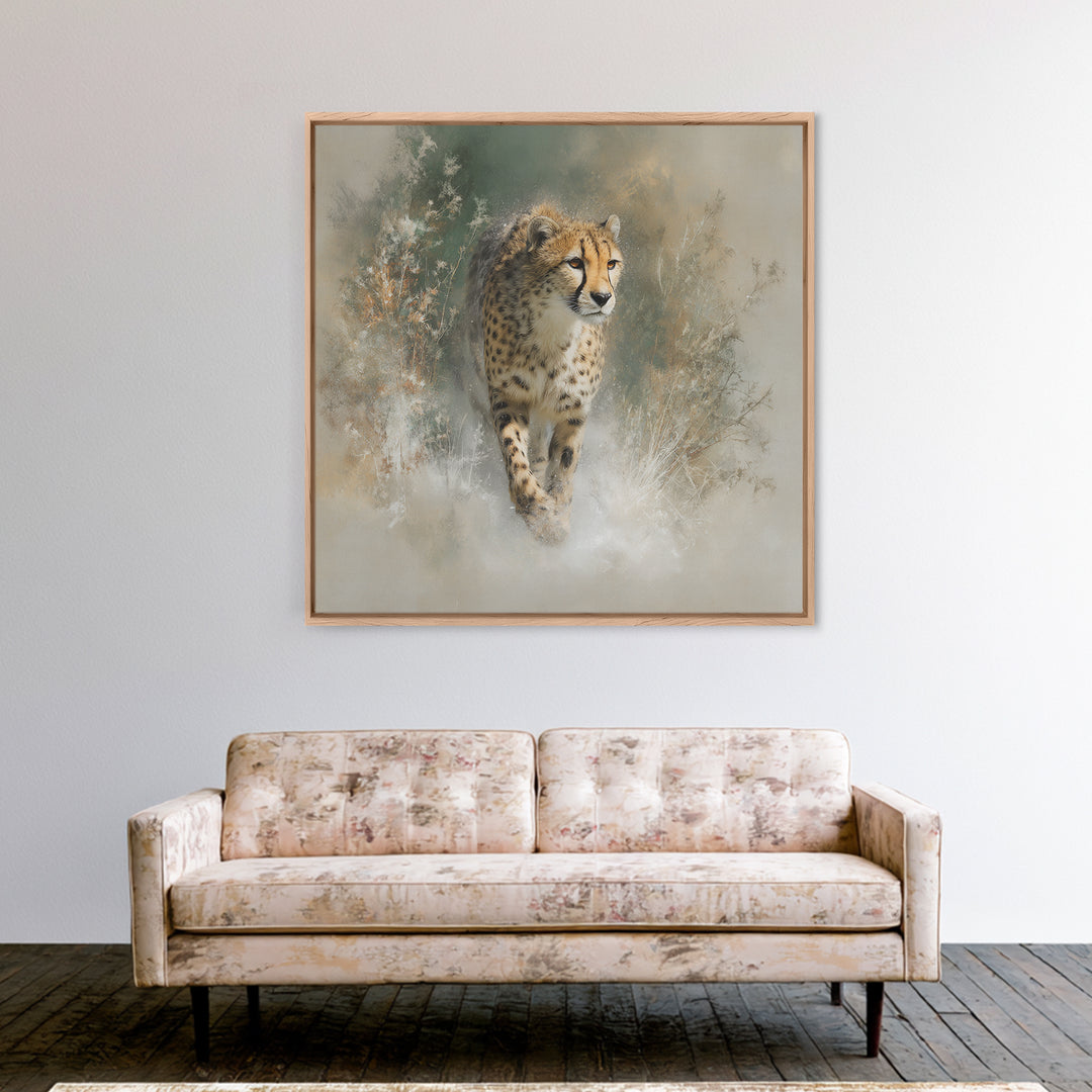 Cheetah Running Through Warm Dust Framed Canvas Print, Wildlife Art, Luxury Decor, Living Room Decor, Oil Painting, Wild, WIL-1x1-93