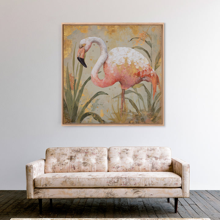 Flamingos in Pink Shallow Water Canvas Print, Wildlife Art, Unique Home Decor, Living Room Decor, Fine Art, Wild, WIL-1x1-94