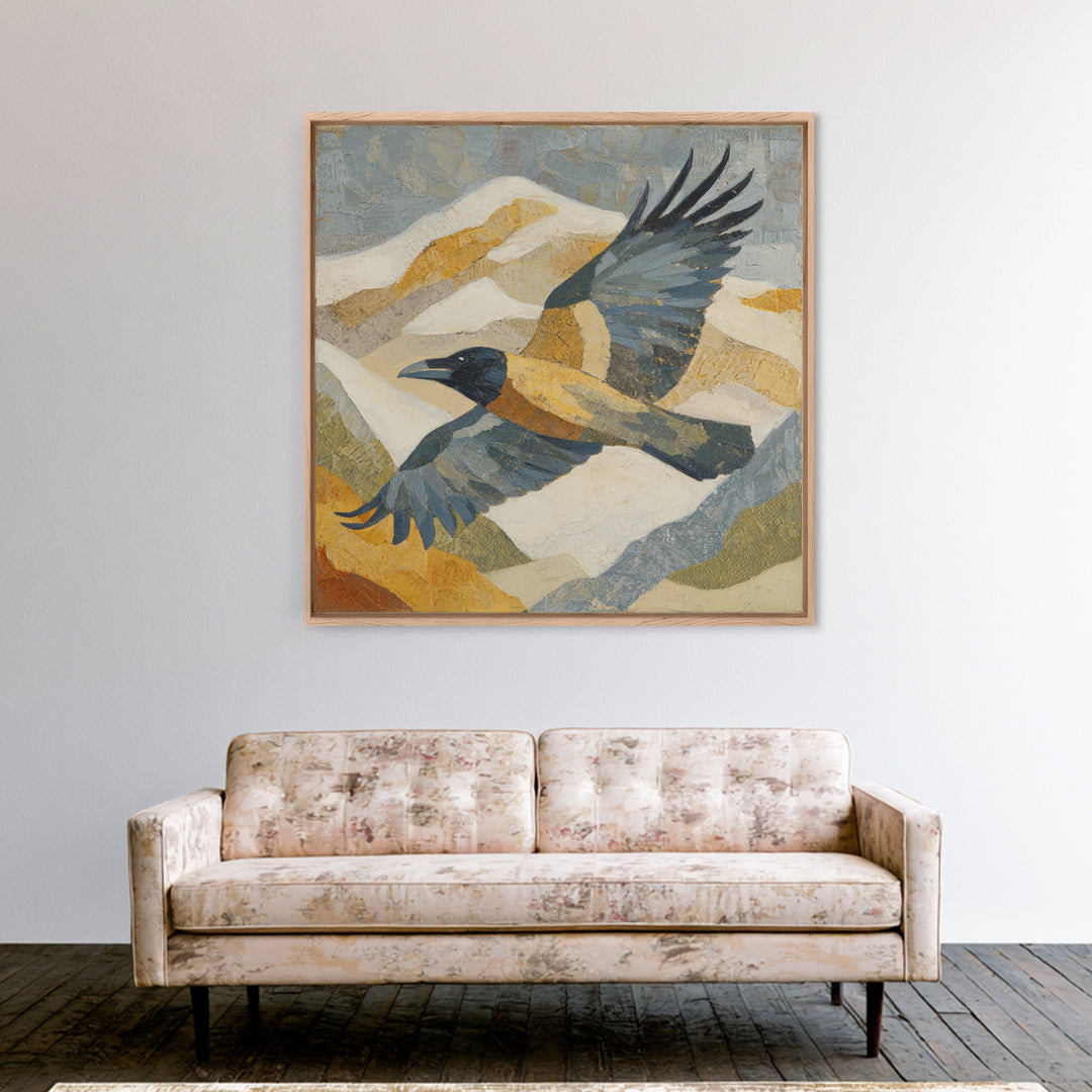 Raven Flying Through Snowy Mountains Framed Canvas Print, Wildlife Art, Painting, Living Room Decor, Watercolor Art, Wild, WIL-1x1-96