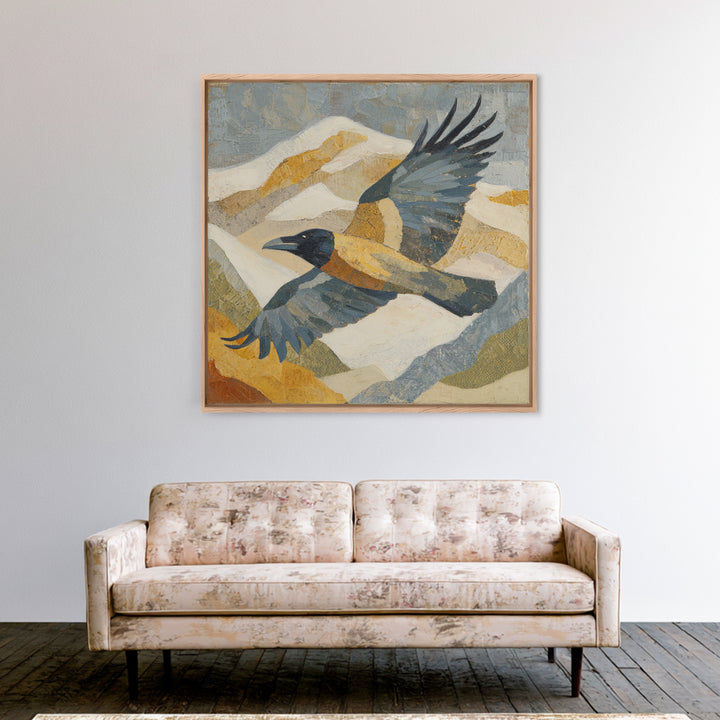 Raven Flying Through Snowy Mountains Framed Canvas Print, Wildlife Art, Painting, Living Room Decor, Watercolor Art, Wild, WIL-1x1-96