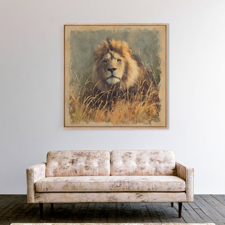 Lion Emerging from Golden Savanna Grass Canvas Print, Wildlife Art, Wall Art, Living Room Decor, Oil Painting, Wild, WIL-1x1-97