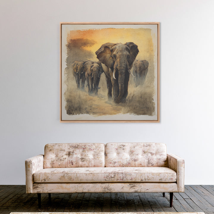 Elephant Herd Walking Through Dusty Sunset Canvas Print, Wildlife Art, Boho Decor, Living Room Decor, Fine Art, Wild, WIL-1x1-98