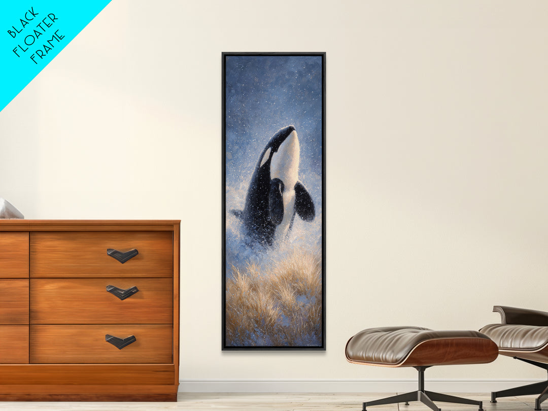 Orca Breaching in Cold Ocean Canvas Print, Wildlife Art, Modern Wall Art, Living Room Decor, Fine Art, Wild, Bird Wall Art, WIL-1x3-11