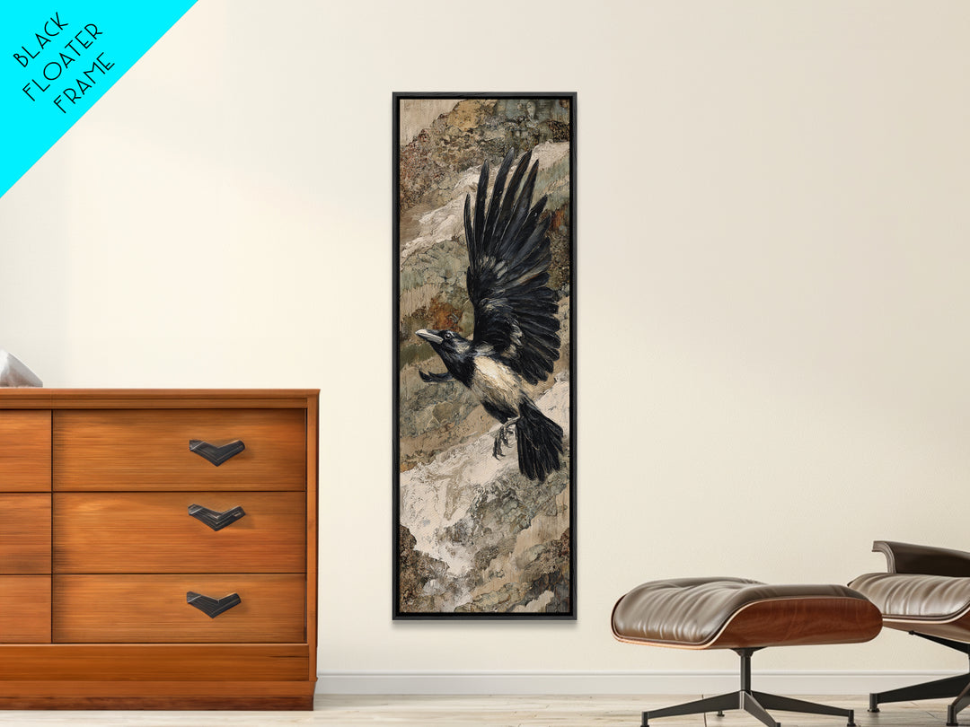 Raven Flying Through Snowy Mountains Canvas Print, Wildlife Art, Boho Decor, Living Room Decor, Fine Art, Wild, Painting, WIL-1x3-12