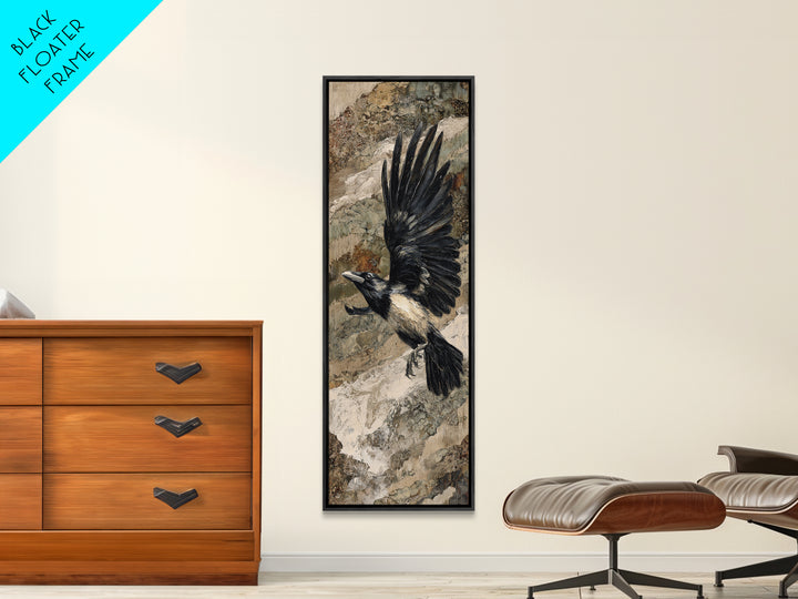 Raven Flying Through Snowy Mountains Canvas Print, Wildlife Art, Boho Decor, Living Room Decor, Fine Art, Wild, Painting, WIL-1x3-12